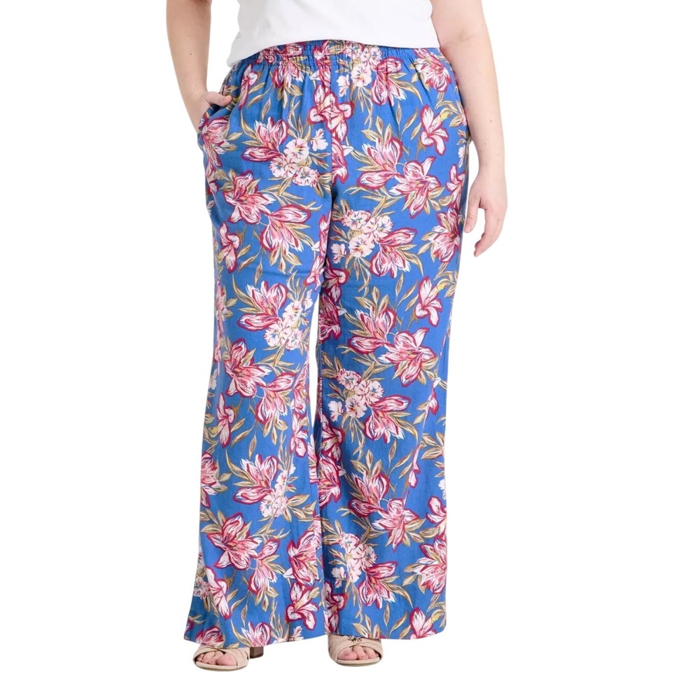 A New Day Women's Blue Floral Linen Blend Wide Leg Pants Size XXL Short